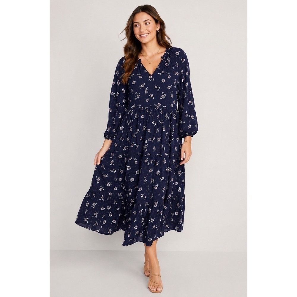 Old Navy Floral Tiered Midi Dress Navy Blue Boho Cottagecore Peasant Large